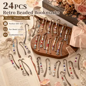 24pcs Retro Beaded Bookmarks Ocean Flowers Sun Page Divider Board Suitable for DIY Graduation Gifts, Gifts for Book Lovers