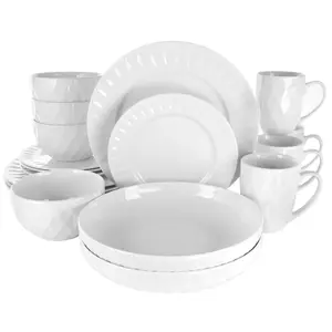 212 MAIN Minimalist Sienna Porcelain Tableware Set - 18-Piece White Dinnerware with Fruit Plates, Cutlery, Dishwasher-Safe, Microwave-Safe