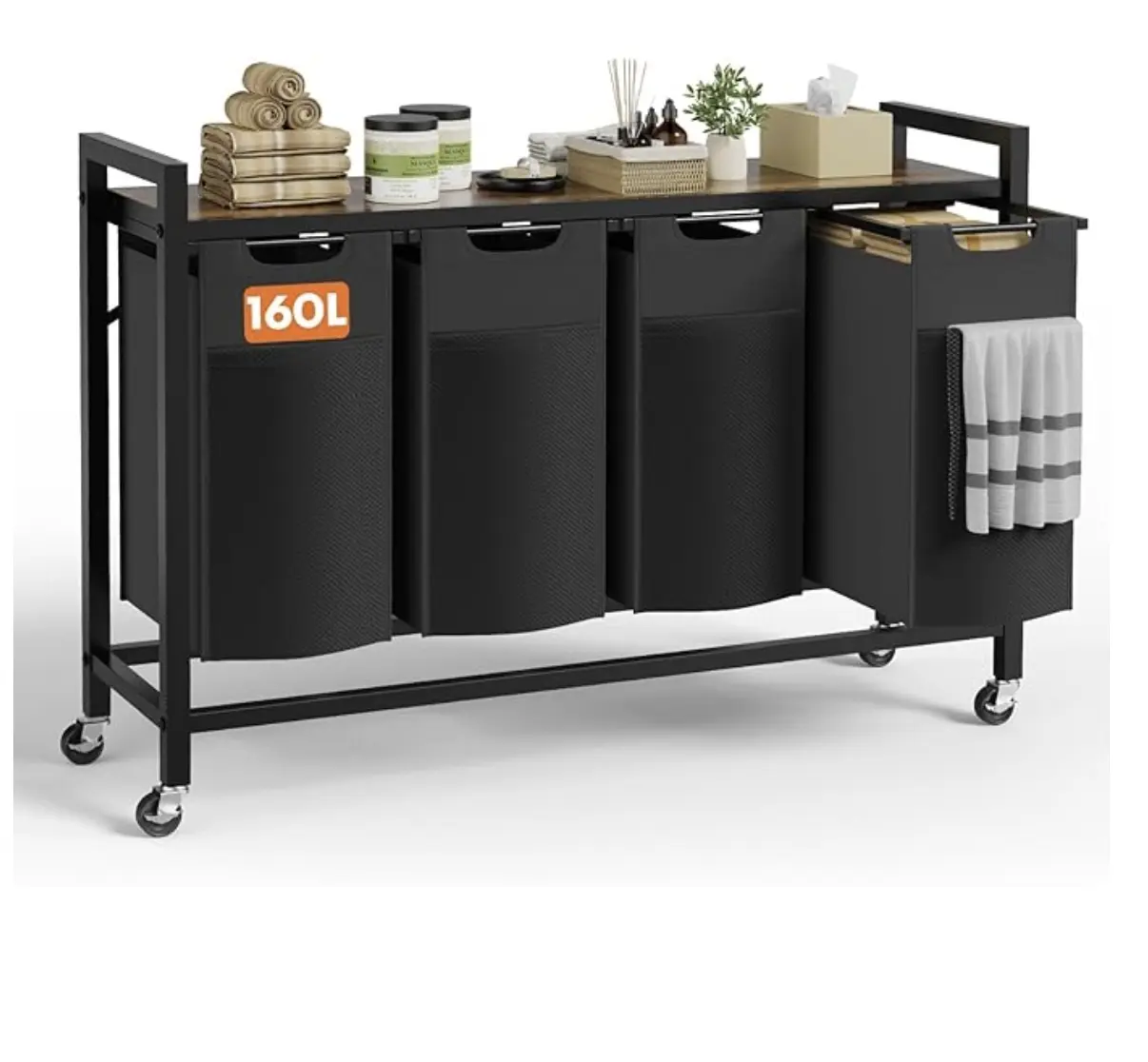 4-Bag Rolling Laundry Hamper with Shelf, 160L Clothes Sorter with Pull-Out Bags & Lockable Wheels, Laundry Organizer for Home