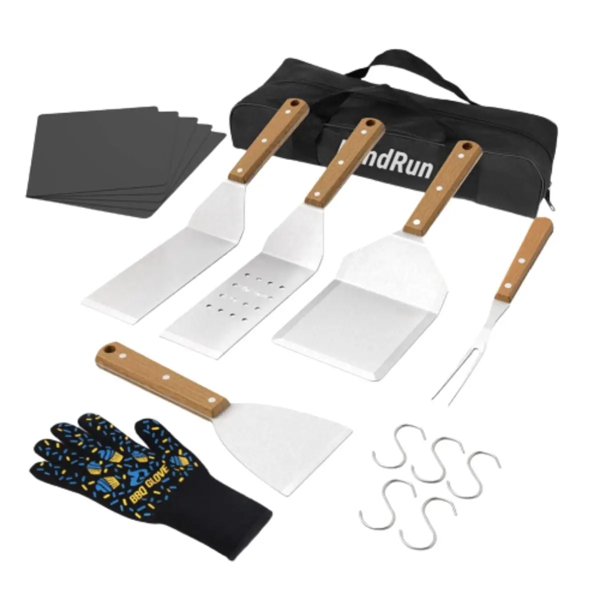 212 MAIN 16-Piece Stainless Steel Wooden-Handled BBQ Grill Utensils Set - Polished Wood Handles, Dishwasher-Safe, High-Temp Gloves, S Hooks, Hanging Holes, Spatula, Accessories for Outdoor Grills