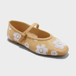Women's Issa Raffia Floral Sequin Mary Jane Ballet Flat with Memory Foam Insole - A New Day Tan 6