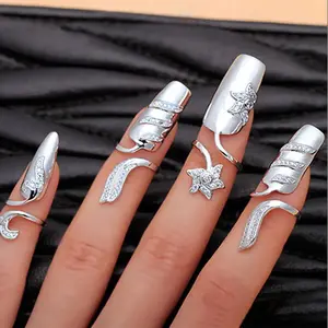 Elegant ladies' floral nail ring set - adjustable open design with sparkling rhinestones, perfect for weddings and birthdays