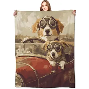 Vintage Corgi Road Trip Blanket Dogs in Goggles Riding Classic Car Throw Blankets,Birthday Gifts for Kids Adult & Retro Lovers,Lightweight Soft Flannel,for Sofa Couch Bed Room Decor