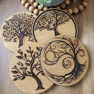 [Rustic Wooden Coasters] 4pcs Set, Rustic Wooden Coasters for Nature Lovers | Tree of Life Decorative Coasters | Coffee Table Decor | Practical Coaster Set | Wooden Coasters for Bar Or Kitchen | Coasters for Kitchen Cabinets
