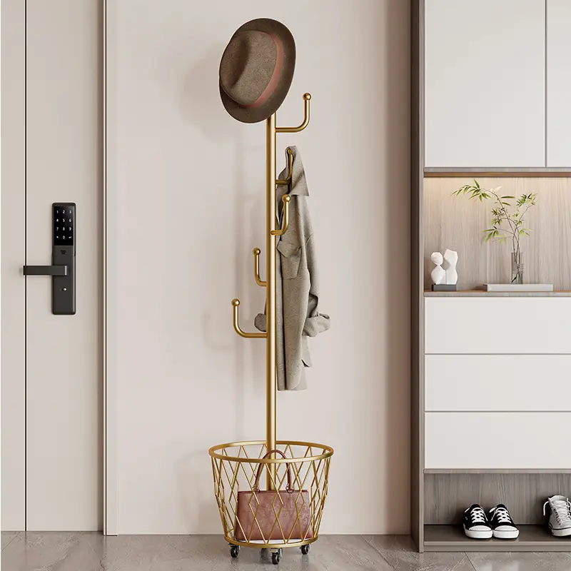 American-Style Mobile Coat Rack with Laundry Hamper︳  Movable Clothing Hanging Storage Rack with Rolling Basket for Bedroom, Closet, Entryway Storage