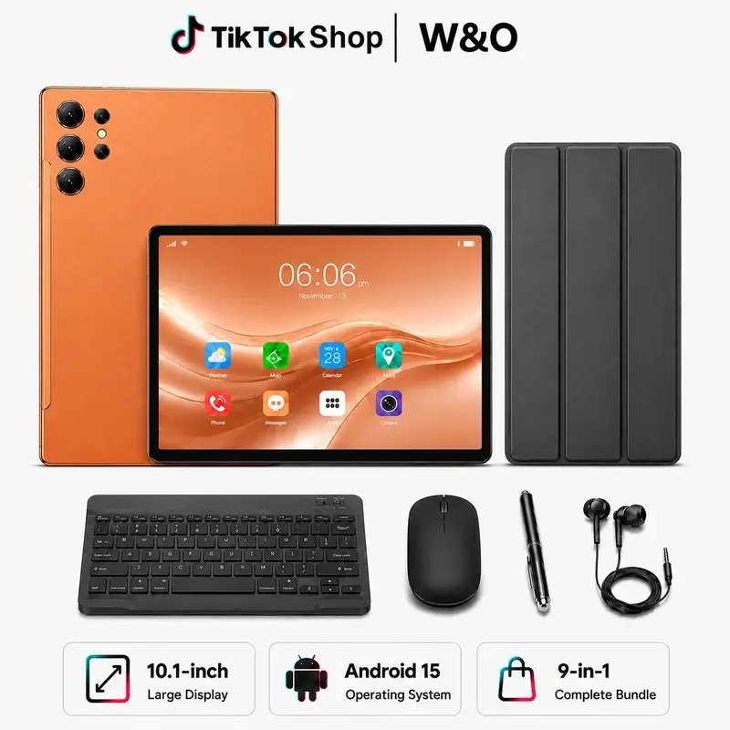 W&O X9 Android 15 Tablet 10.1 Inch IPS Display, 8GB RAM 256GB ROM, 8000mAh Battery, Octa-Core Processor, Dual-Band WiFi, SIM Card Slot + microSD Expandable, 9-in-1 Bundle with Keyboard Mouse Stylus Case