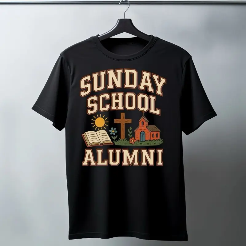 Sunday School Alumni Tee - Black T-Shirt with Church and Bible Design for Alumni Celebrations Shirts Shortsleeve Top Menswear Tshirt