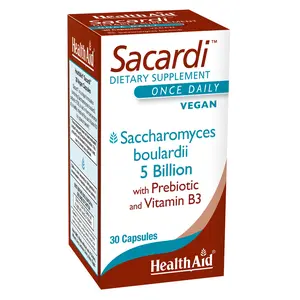 Sacardi, 5 Billion with Vitamin B3, Once Daily, 30ct, Saccharomyces Boulardii, 5 Billion with FOS & Vitamin B3, Dairy Free, Acid & Bile Resistant Strains, Vegan