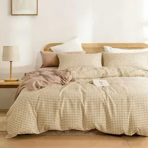 Tan Grid Duvet Cover Set  Size, 3 count Farmhouse Buffalo Check Gingham Geometric  Printed Microfiber Comforter Cover Set, Taupe Soft and Lightweight Plaid Bedding Quilt Cover