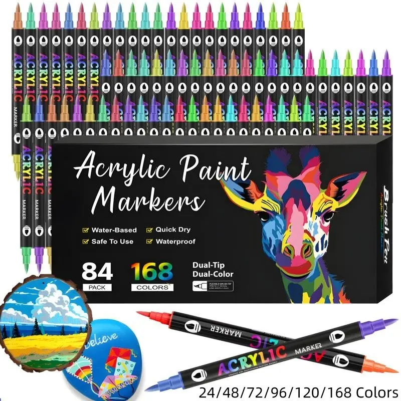 Acrylic Paint Markers, Art Marker Set, 24/48/72/96 Colors, Dual tips Dual Color Acrylic Paint Pens for Rock Painting, Canvas, Wood, Glass, Ceramic, Fabric, Plastic, Egg & Scrapbook, Soft Brush Tips Paint Pens, Art Supplies, Art Materials