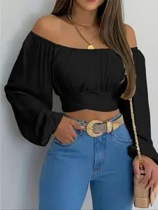 Women's Cross Tie Backless Crop Top, Casual Shoulder-Exposed Long Sleeve Shirt, Cute Sweet Y2K Style Women's Clothing
