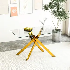 51.18" Rectangular Clear Tempered Glass Dining Table,Stylish Design With Golden Metal Legs, Dining Table For Dining Room