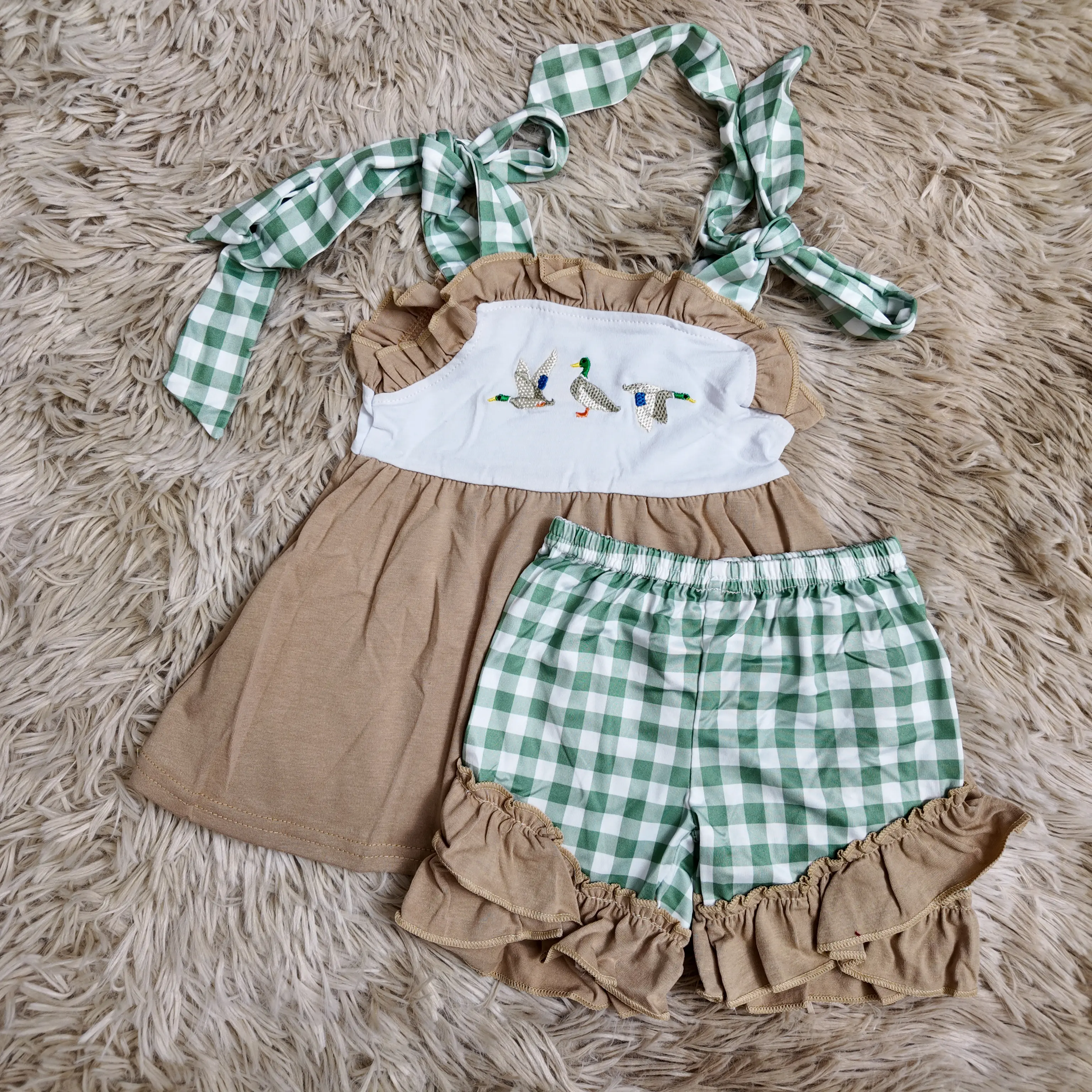 Girls' 2-Piece Boutique Cute Baby Clothes Set - Adjustable-Strap Duck Embroidery Tunic, Green Gingham Ruffle Shorts, Baby Clothes Girl, Cute Sets, Crew Neck, Gingham Fabric, Checkered Print, Playful Look