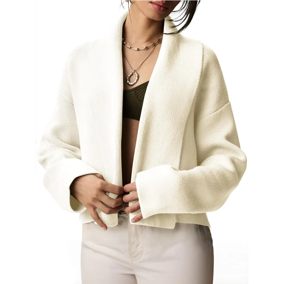 Molitree Cropped Cardigan for Women Open Front Sweater Oversized Shawl Lapel Chunky Knit Coatigan Knitwear Chic