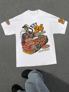 Vintage American Racing Skeleton Print T-Shirt, Jeff Gordon 24 Graffiti on Cream Color, Loose Fit for Men and Women, Soft Breathable Fabric for Casual Everyday Wear
