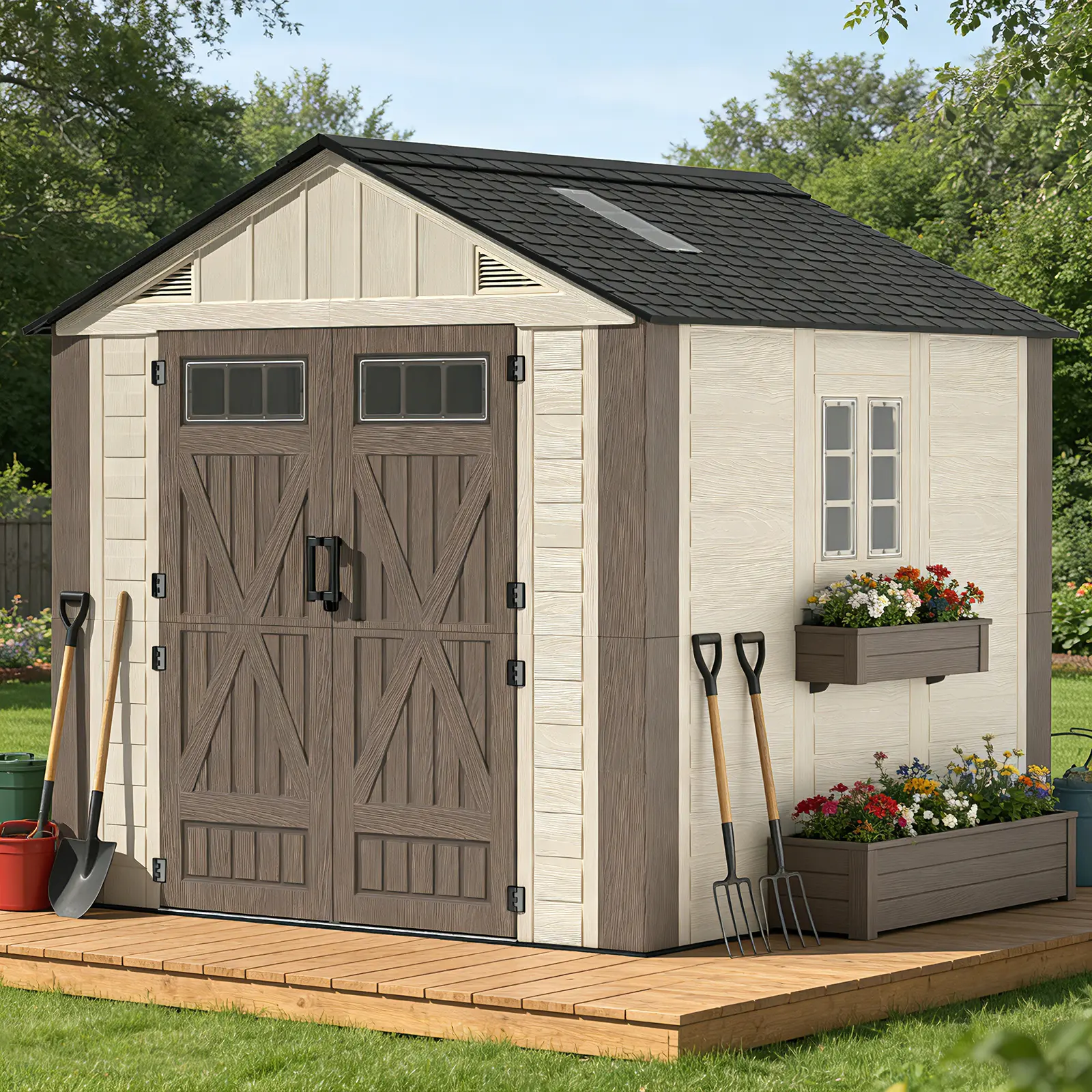 IWDOO 8x8 FT Waterproof HDPE Plastic Outdoor Storage Shed, Heavy-Duty Tool Shed with Built-In Floor, Lockable Ventilation & Easy Maintenance for Backyard, Patio Garden (Fits 8x10 FT Spaces, Ideal for Farm Storage & Home Outdoor Use)
