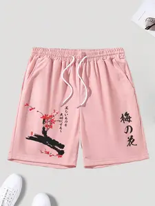 Men's Shorts Japanese Aesthetic Plum Print Polyester Five-Quarter Pants Harajuku Street Style Loose Drawstring Summer Casual Wear
