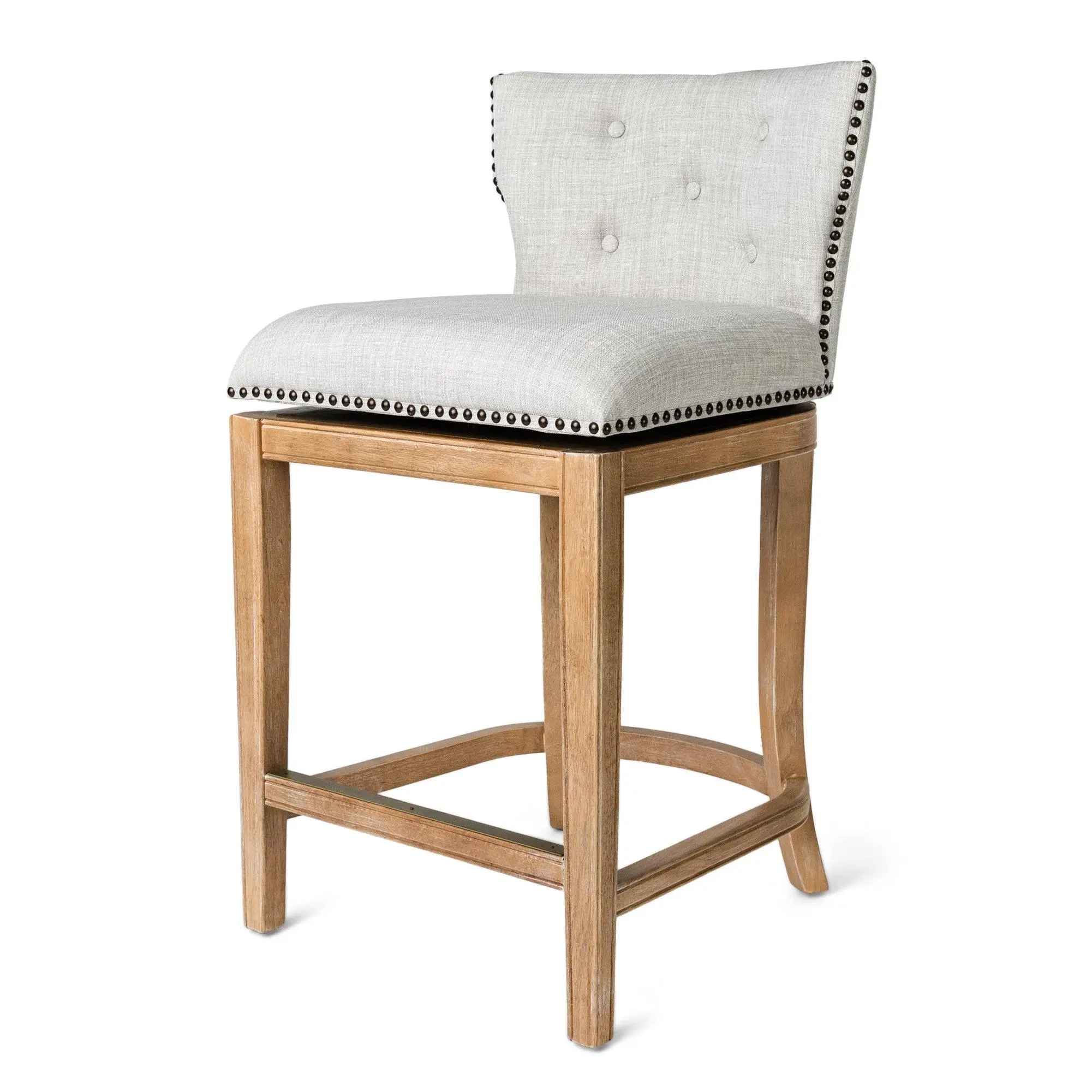 Maven Lane Hugo Tufted-Back Kitchen Swivel Stool, Weathered Oak, Counter Height