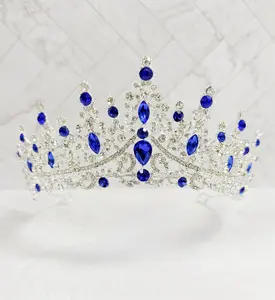Blue Tiara Royal Princess Crown Crystal Bridal Tiara Wedding Crown Rhinestone Tiara Silver Crown with Sapphire Stones