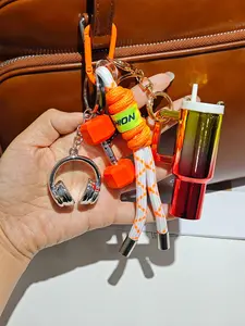 Neon Orange Dopamine Fitness Tumbler Keychain, with Mini Dumbbell & Headphone Charms, Braided Rope Lanyard Bag Charm, Trendy Gym Accessory for Backpack & Keys, Aesthetic Gift for Fitness Lovers & Teens