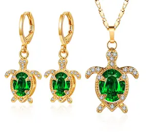 18K Gold Plated Cute Turtle Cubic Zirconia Necklace & Earrings Jewelry Set