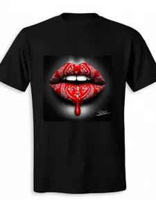 Men's Black 100% Cotton Red Lips & Bandana Graphic T-Shirt - Bold White Drip Lip Print, Paisley & Paisley Lip Design, Regular Fit Crew Neck Short Sleeve Casual Summer Tee for Men, Edgy Statement Shirt for Parties & Casual Attire, Soft Premium Quality
