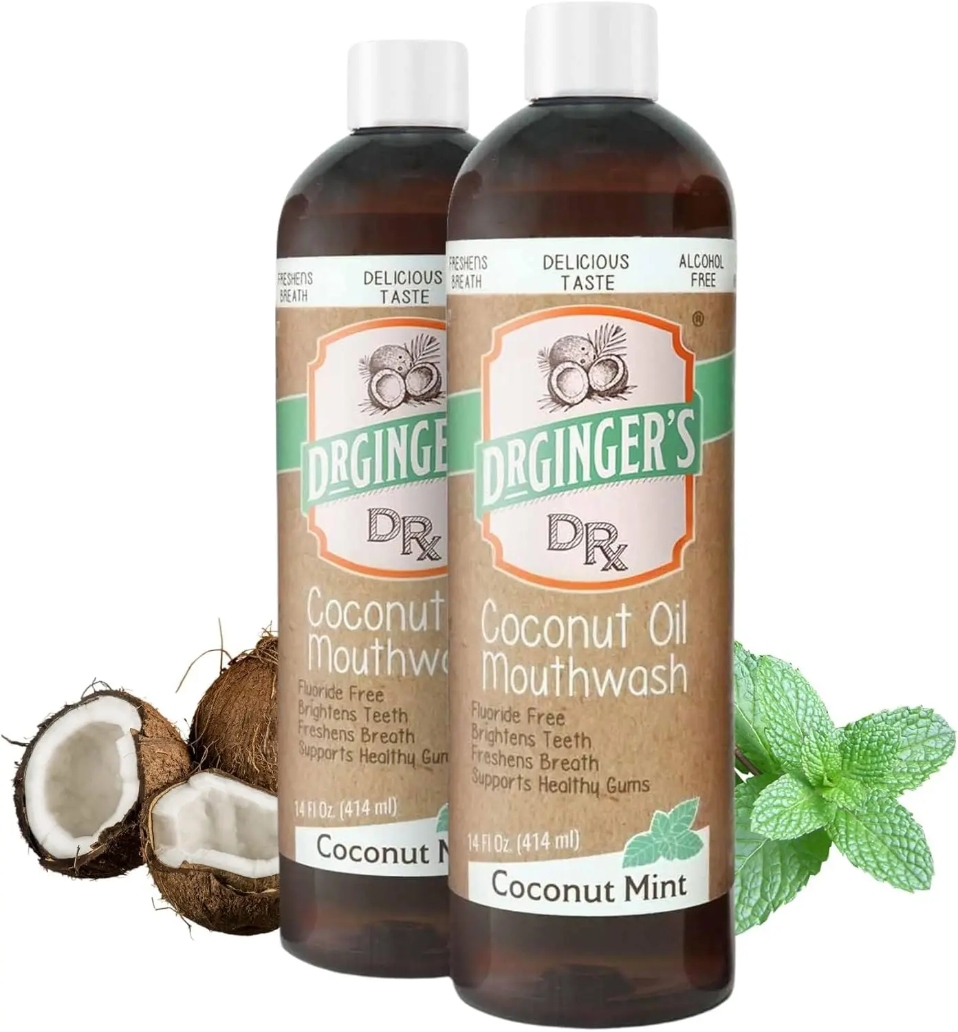 Dr Ginger's Coconut Powered Mouthwash 2 Pack - Coconut Mint, Oil Pulling Mouthwash for Whitening Teeth, Freshes Breath & Reduces Teeth Sensitivity, Supports Whole Mouth Micobiome