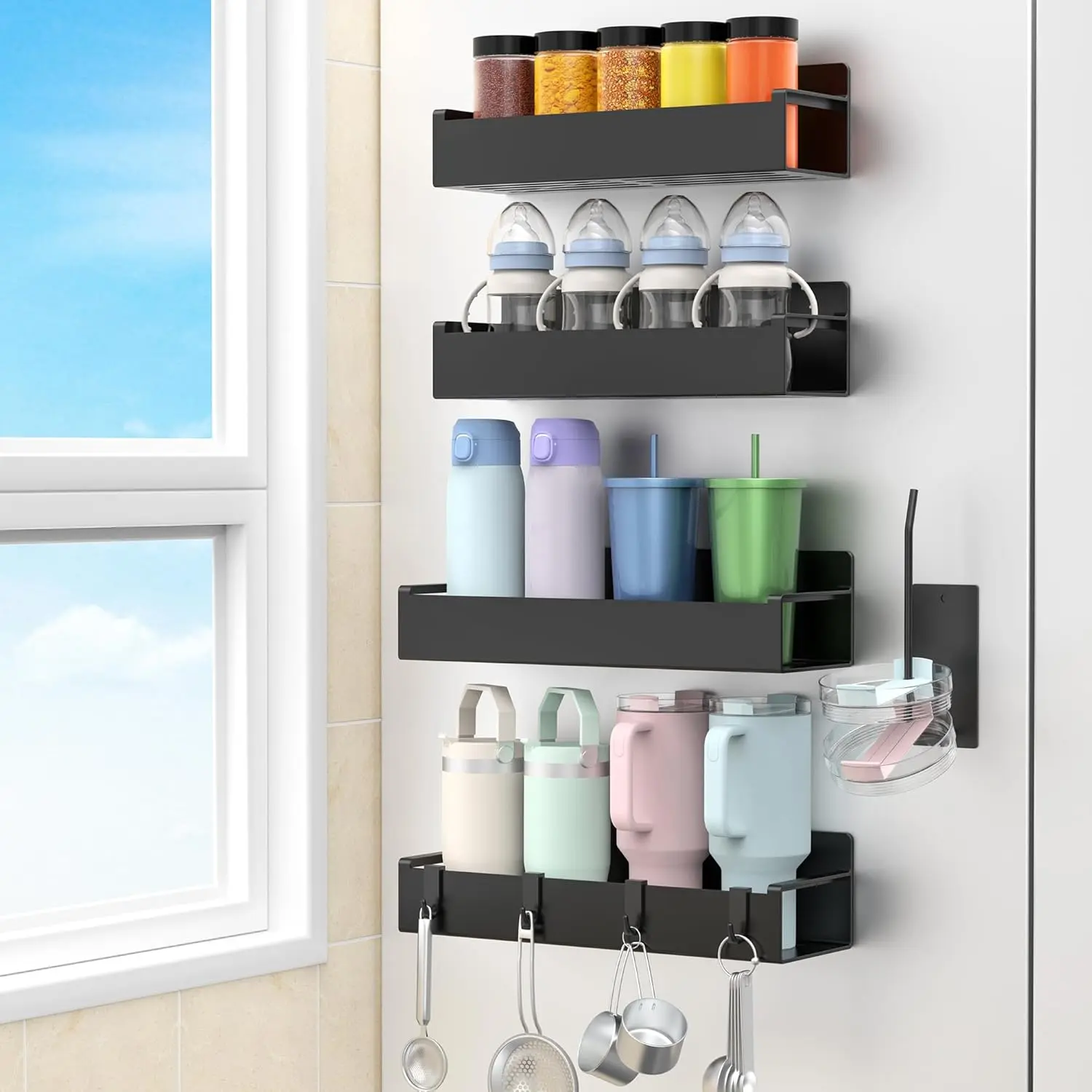 4 Pack Magnetic Spice And Seasoning Rack For Refrigerator, Fridge Mounted Magnetic Storage Shelf Holder With 4 Detachable Hooks, Practical Household Kitchen Accessory For Pantry And Countertop Space Saving Kitchen Organization,Black Fridge Shelf
