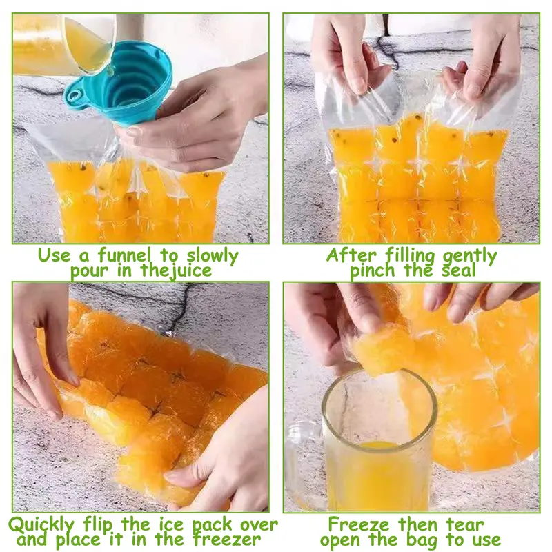 Disposable Ice Cube Bags with Funnels - 50-Count Self-Seal Freezing Molds, Stackable Easy-Release Trays for Food, Drink Cooling (Home Supplies Storage Organizer)