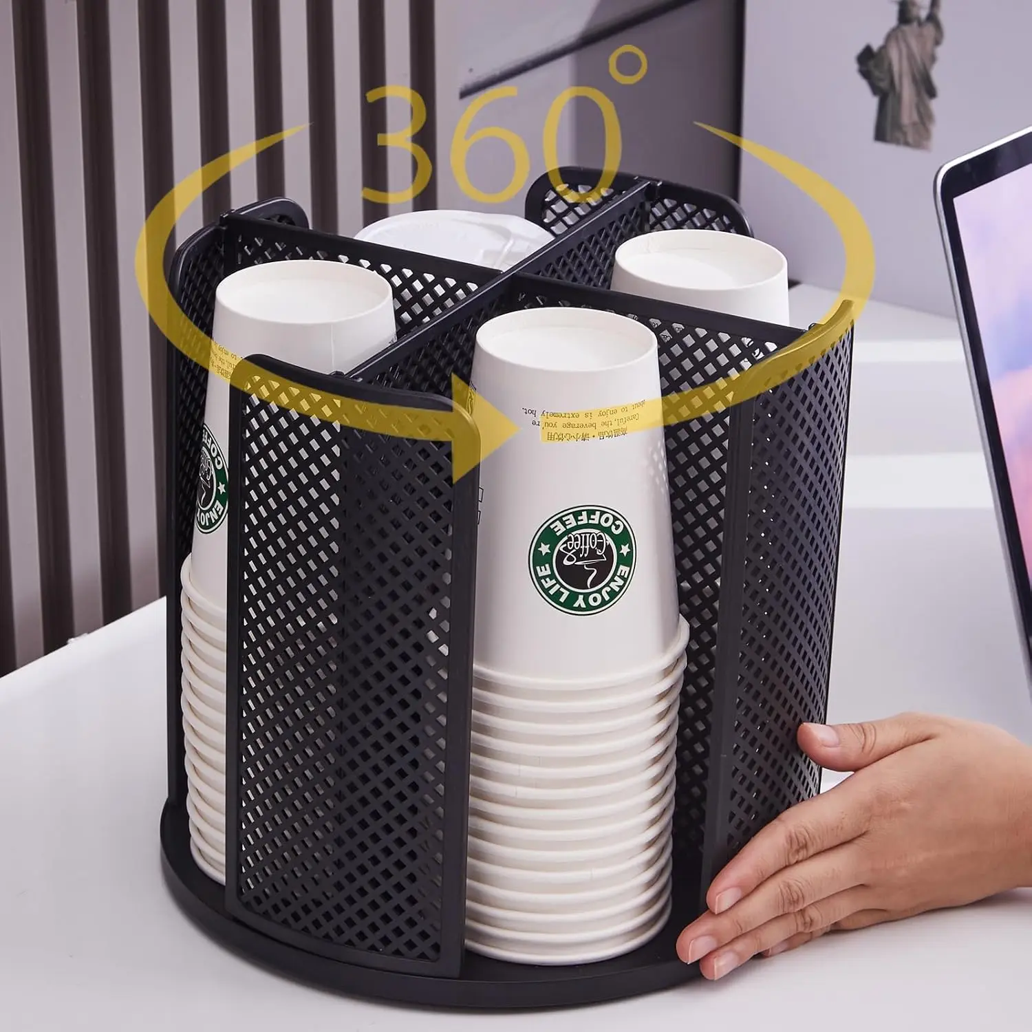Coffee Cup Dispenser, Disposable Paper Cup and Lid Holder 360? Rotatable with 4 Compartments,Can Stacking 3-16oz Cups and Lid Holder for Coffee Shop, Countertop,Office,Restaurant,Kitchen