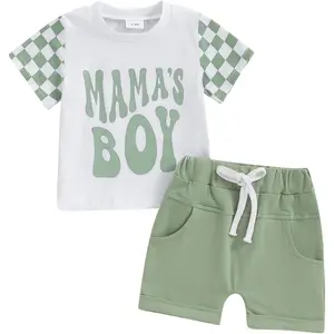 Toddler Boys Summer Outfits Mamas Boy Checkerboard Short Sleeve T-Shirts Tops and Elastic Waist Shorts Clothes Sets