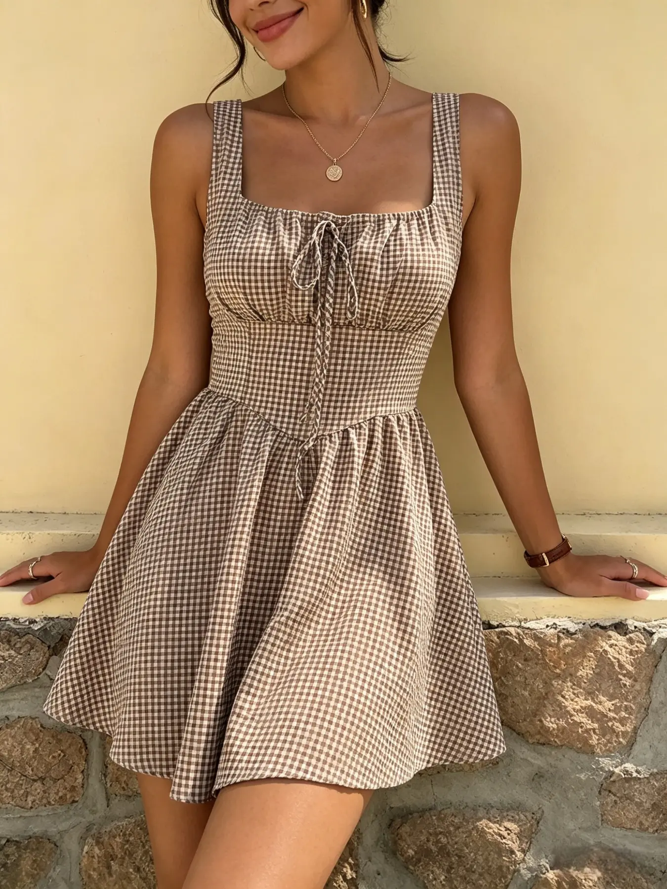 Summer French Style Casual Comfy Chic Women's Camel Plaid Dress, Square Neck Tie Waist A-Line Short Dress, Casual Wear Sleeveless Fitted Dress for Spring Summer Womenswear, A Line Dresses
