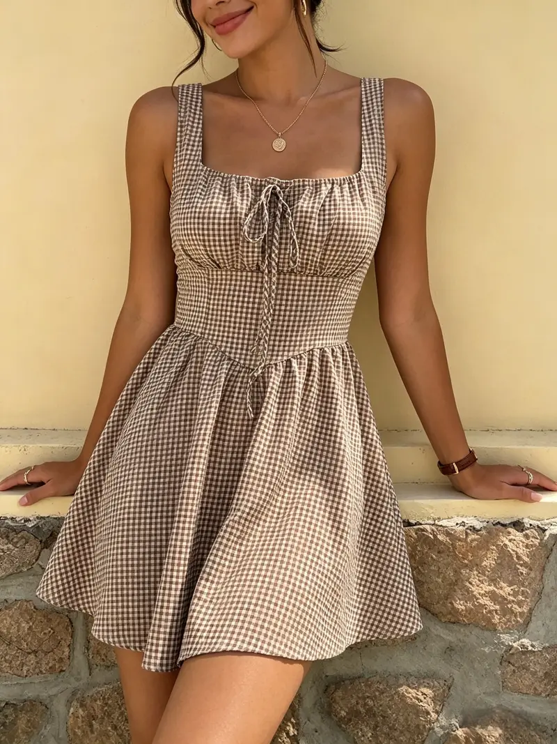 Mini brown check dress - TikTok Shop