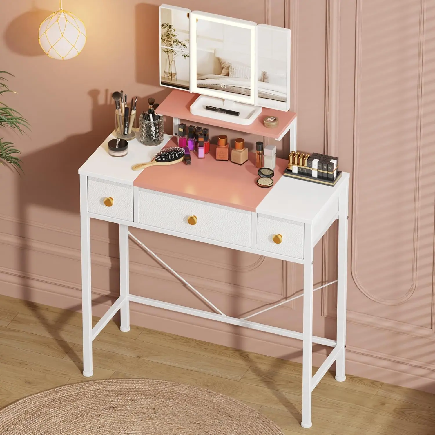 Small Makeup Vanity Desk 27.5''W with Mirror and Lights, Vanity Desk with 3 Fabric Drawers and Height-Adjustable Stand, Vanity Table for Girls Gifts, Bedroom and Small Spaces, White&Pink