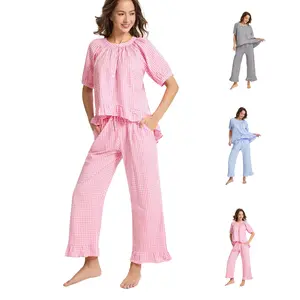 Yimoon Gingham Pajama Set for Women 2 Piece Plaid Cotton Button Down Top and Pants Pjs Ruffle Lounge set Sleepwear