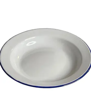 Enamel Plate -22CM/ Asyèt Blan (Small) Emaye Enamel Plate - White Enamel Dinnerware with Blue Rim for Everyday Use