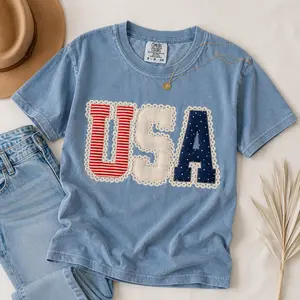 ( FAUX PATCHWORK-PRINT ) Comfort Colors Preppy 4th of July Shirt, Coquette USA Tee, Patriotic Retro Independence Day Shirt, Vintage 4th of July Graphic Tee - TrendWear USA