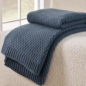 Blue Throw Blanket, Knit Throw Blanket for Couch, Soft Cozy Warm Lightweight Reversible Decorative Moss Stitch  Knitted Blankets for Bed, 50x60 Inches, Dusty Blue