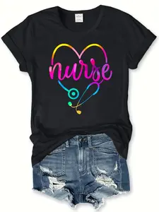 Nurse Letter Print Crew Neck T-Shirt, Casual Short Sleeve T-Shirt for Spring & Summer, Women's Clothing