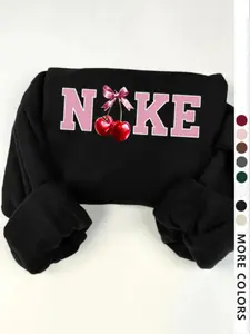 Women's Drop Shoulder Casual Streetwear Sweatshirt, Letter and Cherry Print, Comfortable Long Sleeve Round Neck Pullover, Fall & Winter Fashion