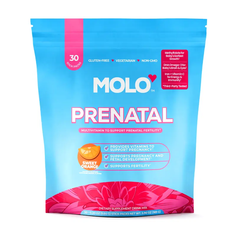 MOLO Prenatal Multi-Vitamin Drink Mix for Women – Packed with essential vitamins & antioxidants, DHA Omega-3, Methylfolate, CoQ10, & Iron – 30 Stick Packs with Sweet Orange Flavor – Vegetarian, Gluten-Free & Non-GMO