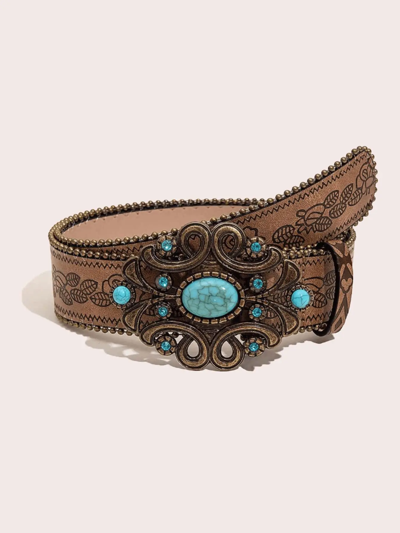 1pc Western Cowboy Vintage Style Turquoise Decor Metal Buckle Embossed PU Women's Belt, Suitable For Jeans, Casual Pants, Daily Wear