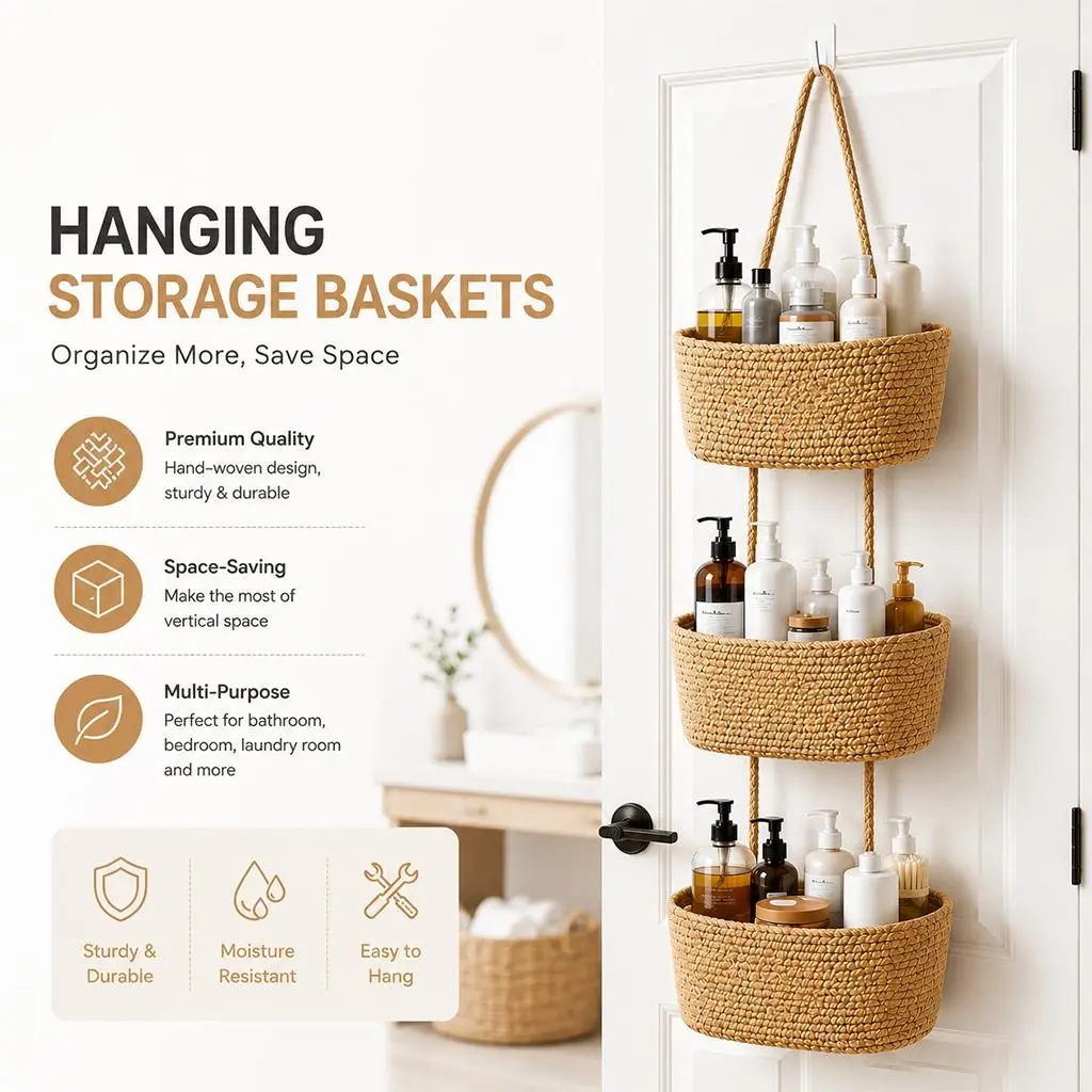 Woven cotton 3-Tier Over the Door Basket, Wall-Mounted Jute Storage Organizer in bathroom – Decorative Nursery Baskets, Perfect for Busy Mom/Dad to Store Diapers & Toys small basket Gift Hook laundry basket house organizers
