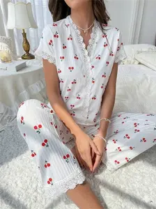 Women's Pajama Sets Short Sleeve V-Neck Sleepwear Lace Trim Loungewear Button Down Top and Wide Leg Long Pants 2 Piece Pjs Set