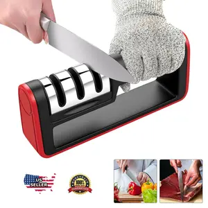 Knife and Scissor Sharpener Kitchen Knife Sharpener, 3-Stage Knife Sharpening System, Non-slip Base Kitchen Knife Sharpener, Easy to Use Red