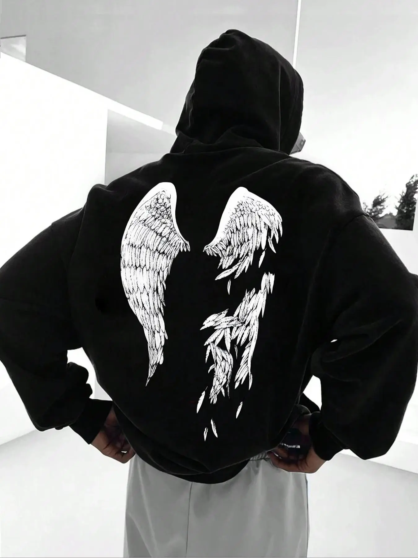 Men's Wings Print Relaxed Fit Drop Shoulder Long Sleeve Hoodie Pullover, Street Casual Fashion Drawstring Pocket Hooded Sweatshirt for Daily Wear, Men's Tops for Spring & Fall, Soft Fabric
