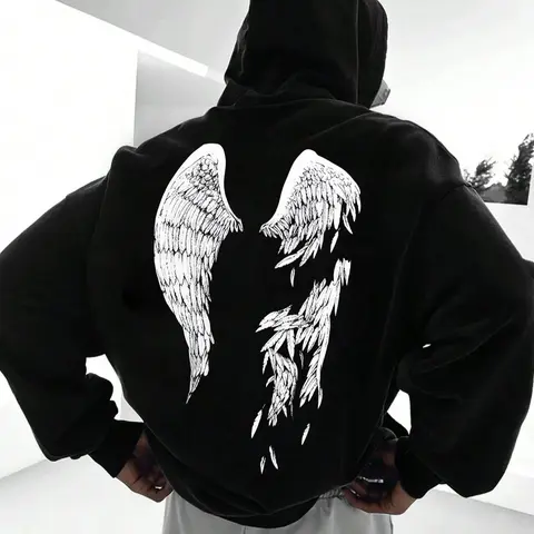Men's Wings Print Relaxed Fit Drop Shoulder Long Sleeve Hoodie Pullover, Street Casual Fashion Drawstring Pocket Hooded Sweatshirt for Daily Wear, Men's Tops for Spring & Fall, Soft Fabric