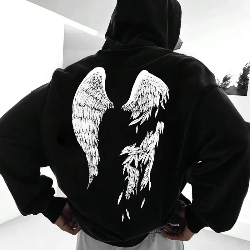 Men's Wings Print Relaxed Fit Drop Shoulder Long Sleeve Hoodie Pullover, Street Casual Fashion Drawstring Pocket Hooded Sweatshirt for Daily Wear, Men's Tops for Spring & Fall, Soft Fabric