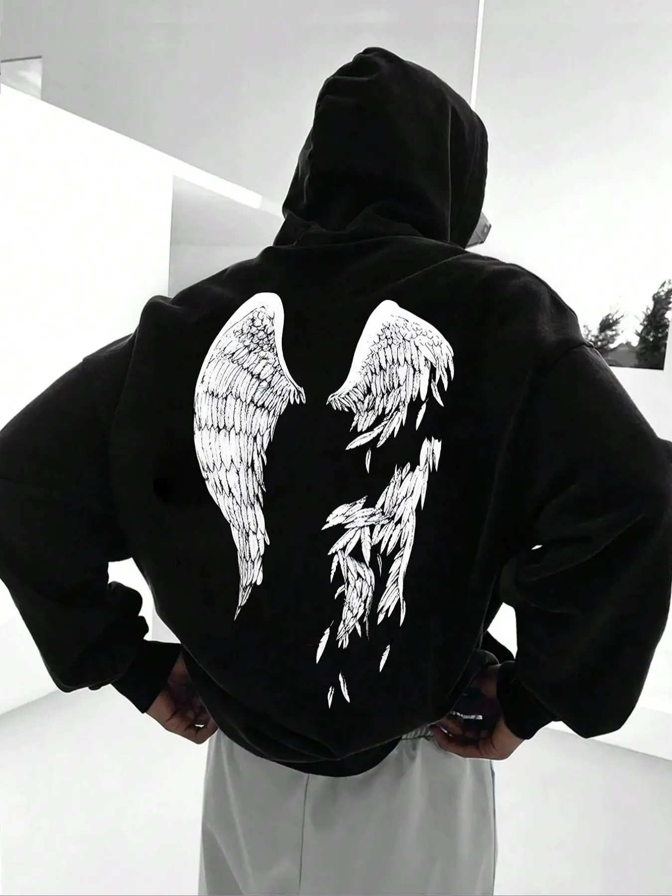 Men's Wings Print Drop Shoulder Hoodie, Street Trendy Fashion Drawstring Pocket Hooded Sweatshirt for Daily Wear, Men's Tops for Spring & Fall
