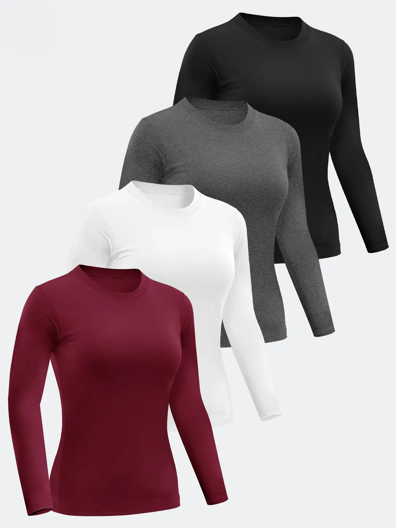 Women's 4-Piece Athletic Baselayer Top Set, Slim-Fit Long-Sleeve Thermal Shirts (Black, White, Maroon) for Outdoor Sport, Workouts, Layering | summerwins Workout Wear